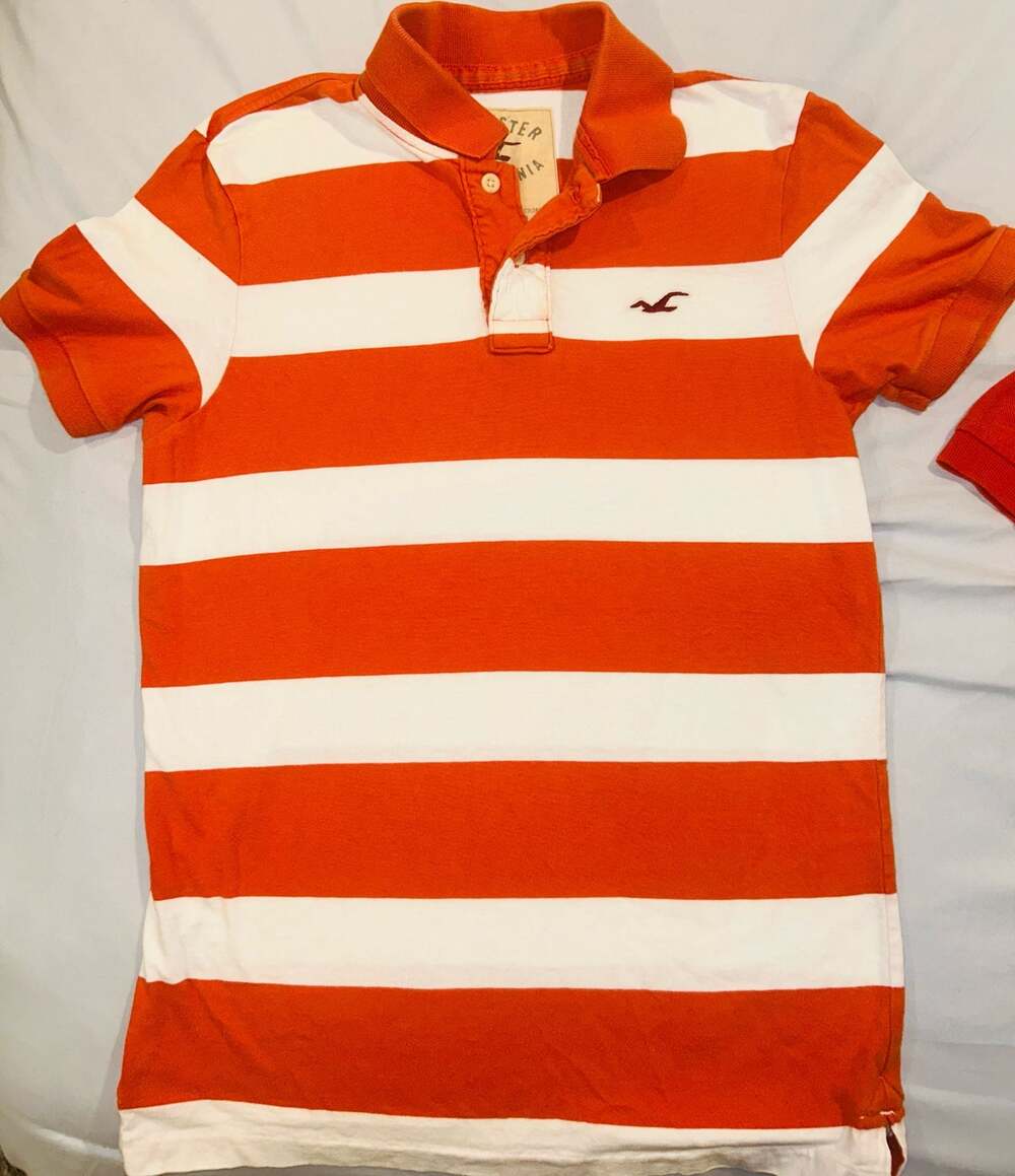 Hollister California Men's Orange and White Striped Short Sleeve Polo Shirt
